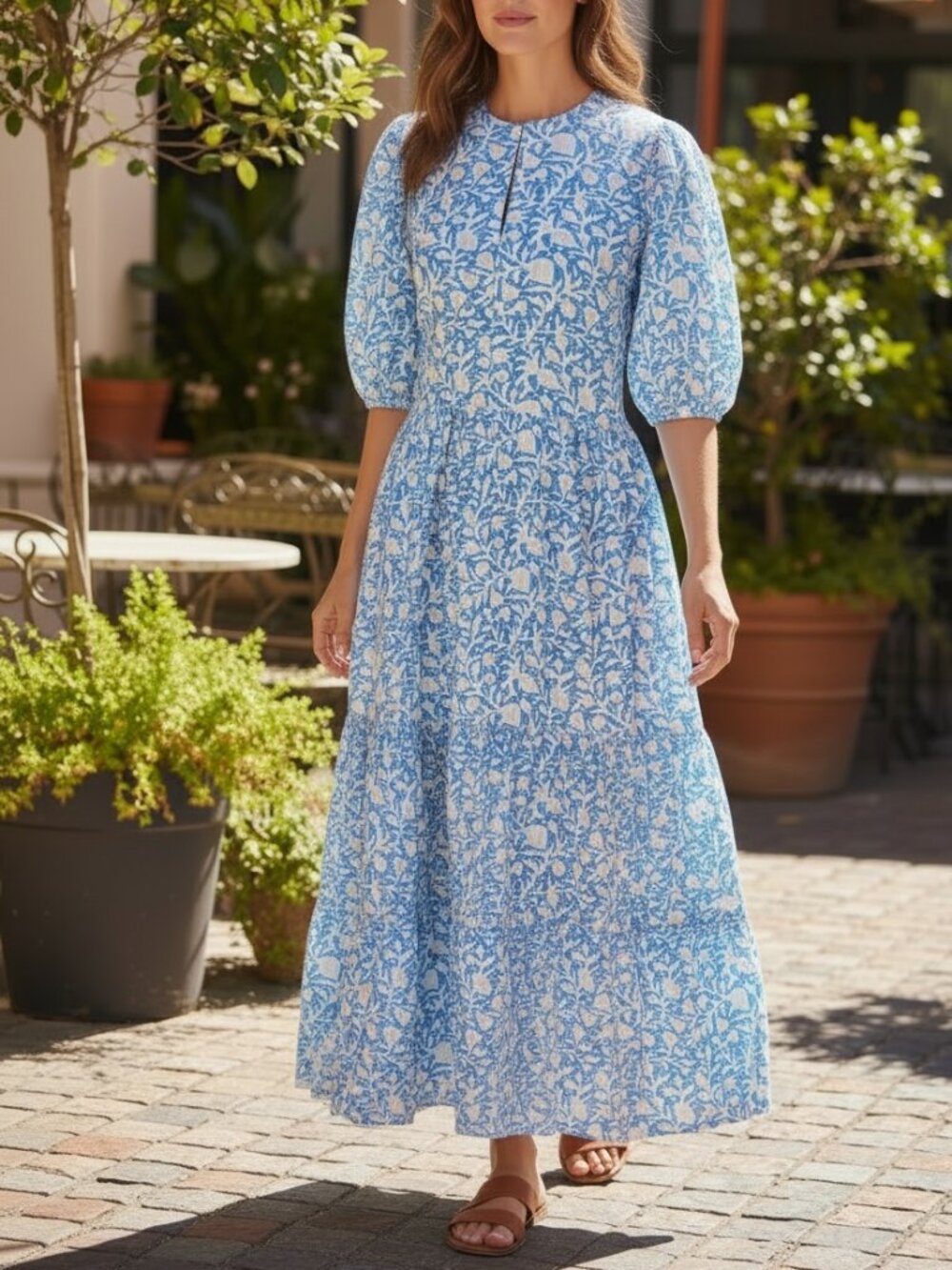 Oliphant Blue Block Print Tiered Maxi Dress XS NWOT